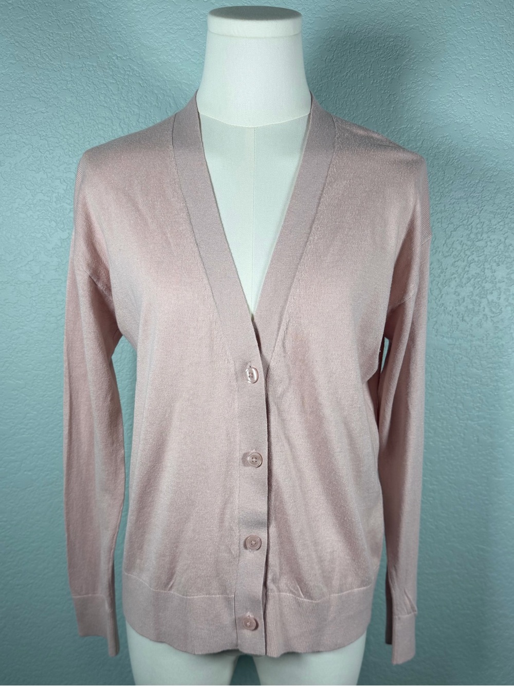 Quince Blush Pink V-Neck Button Front Cotton Cashmere Cardigan
